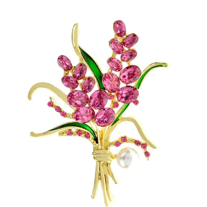 Broche luxueuse - fleurs en cristal rose