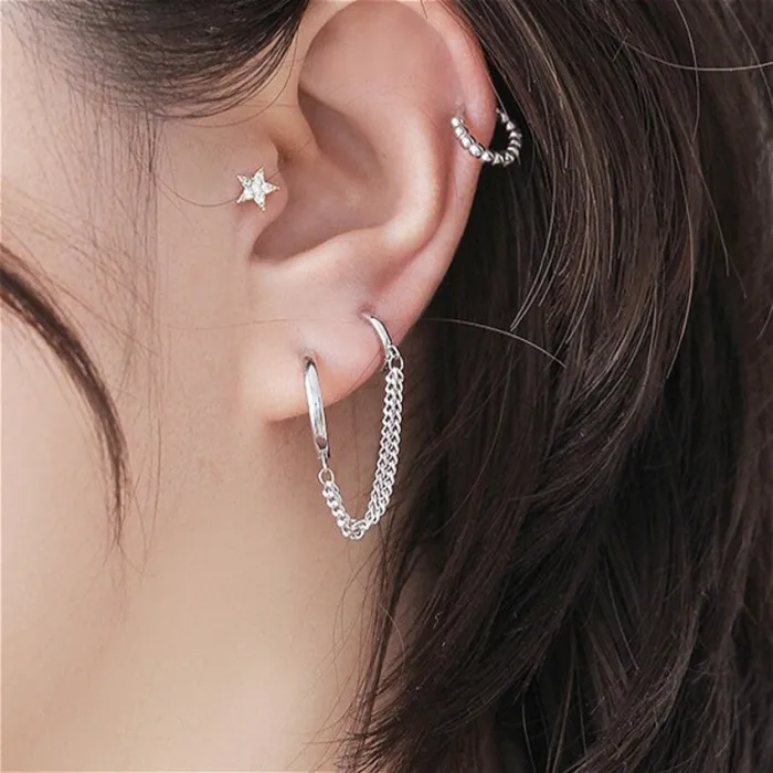 Boucles d'oreilles style rétro - anneaux doubles - chaîne