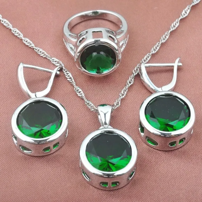 Ensemble de bijoux en argent à la mode - avec zircone ronde - collier - boucles d'oreilles - bague