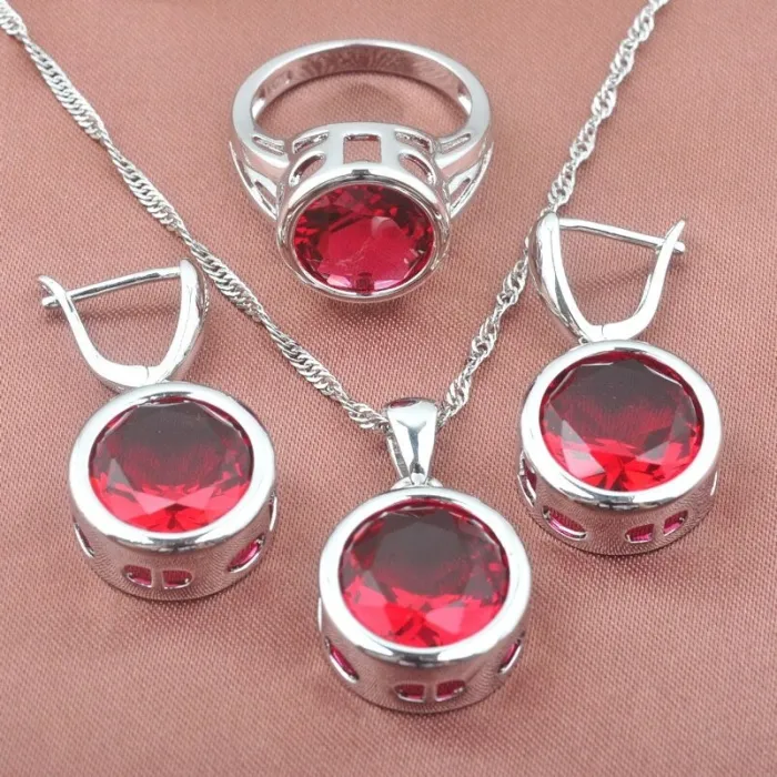 Fashionable silver jewellery set - with round zirconia - necklace - earrings - ringJewellery Sets