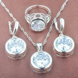 Fashionable silver jewellery set - with round zirconia - necklace - earrings - ringJewellery Sets