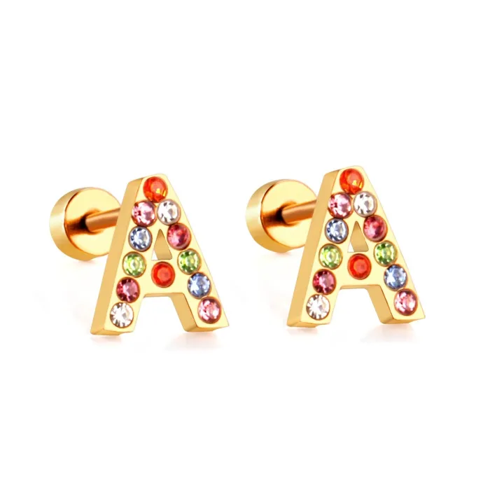 Petites boucles d'oreilles puces élégantes - avec strass colorés - lettres de l'alphabet