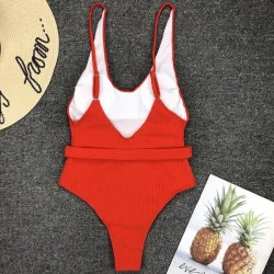 Maillot de bain une pièce côtelé sexy - monokini brésilien - avec ceinture