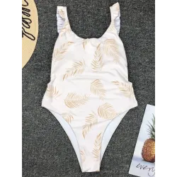 Sexy white one piece swimsuit - leaves printed - push upBeachwear