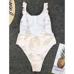 Sexy white one piece swimsuit - leaves printed - push upBeachwear