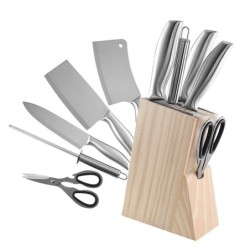 Ensemble de couteaux de cuisine - couteau d'office - couteau à découper - ciseaux - aiguiseur de couteaux - avec support - acier