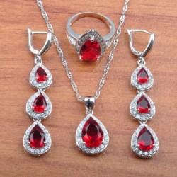 Parure de bijoux exclusive - collier - boucles d'oreilles - bague - zircone cubique rouge - argent sterling 925