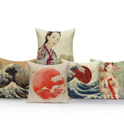 Housse de coussin décorative - style japonais - femme - vagues de la mer - lever de soleil - montagnes - 40 cm * 40 cm - 45 cm *