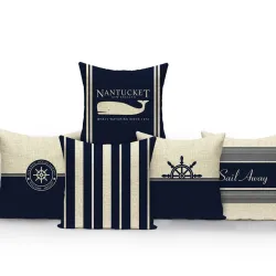 Housse de coussin bleu déco - mer - boussole - ancre - bateau - motifs marins - 40 cm * 40 cm - 45 cm * 45 cm