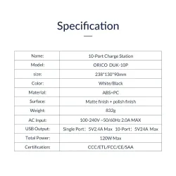 ORICO - 10 ports USB charger - docking station - with holder - 120W 5V2.4A*10Holders