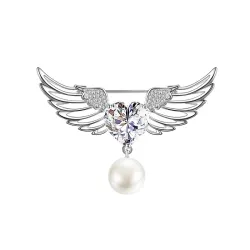 Broche luxueuse - ailes d'ange - coeur cristal - perle
