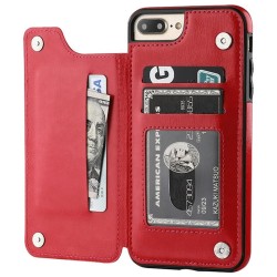 Porte-cartes rétro - étui pour téléphone - étui à rabat en cuir - mini portefeuille - pour iPhone - rouge