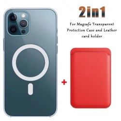 Chargement sans fil Magsafe - étui magnétique transparent - porte-cartes magnétique en cuir - pour iPhone - rouge