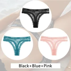Strings sexy - dentelle fleurie - lettres imprimées - taille basse - 3 pièces