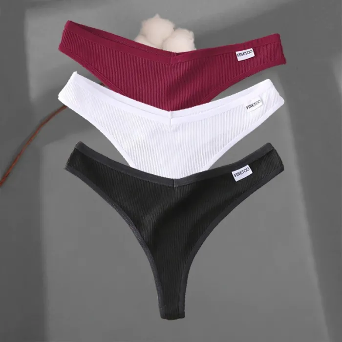 Strings sexy en coton - 3 couleurs unies mélangées - 3 pièces
