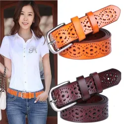 Ceinture évidée à la mode - cuir véritable - boucle en métal