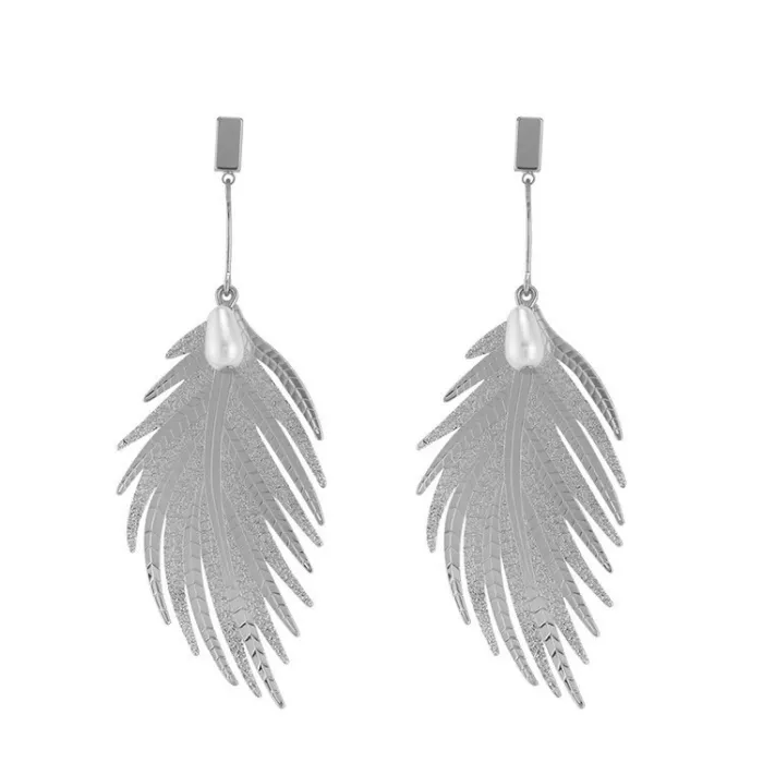 Boucles d'oreilles plumes feuilles - avec une perle