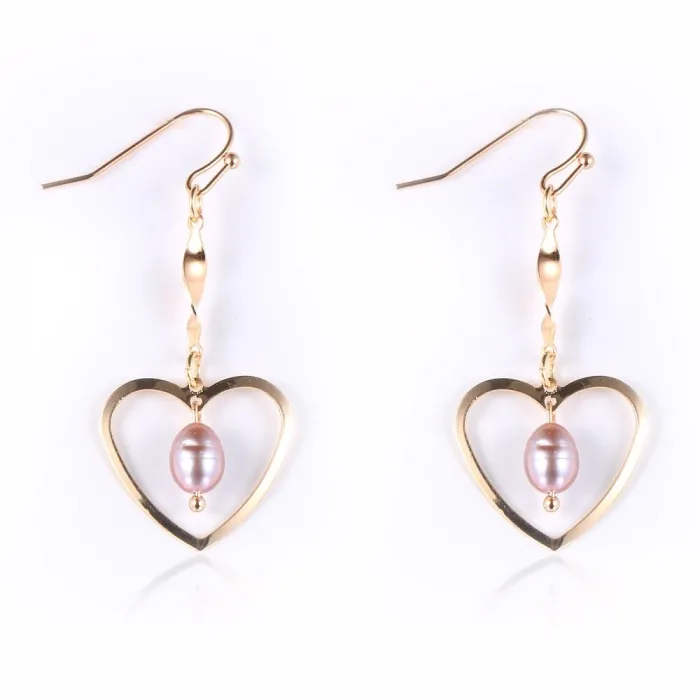 Boucles d'oreilles crochet doré - coeur / perles