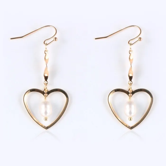 Boucles d'oreilles crochet doré - coeur / perles