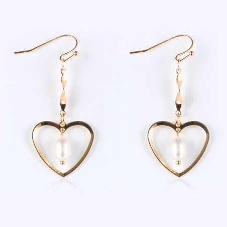 Boucles d'oreilles crochet doré - coeur / perles