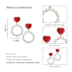 Boucles d'oreilles coeur rouge - pendentif perle ronde