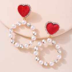 Red heart earrings - round pearl pendantEarrings