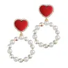 Boucles d'oreilles coeur rouge - pendentif perle ronde