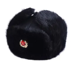 Chapeau bomber homme - ushanka russe noir - avec oreillettes - fourrure / cuir