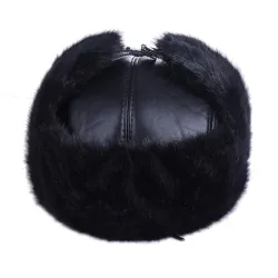 Chapeau bomber homme - ushanka russe noir - avec oreillettes - fourrure / cuir