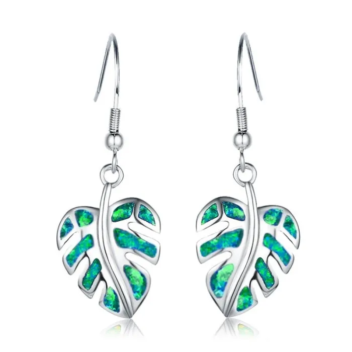 Silver dangle leaves earrings - colorful crystal opalEarrings