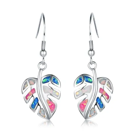Silver dangle leaves earrings - colorful crystal opalEarrings