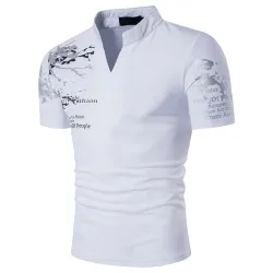 Fashionable short sleeve t-shirt - stand up open collar - printed sleevesT-shirts