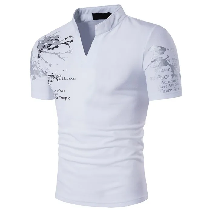 T-shirt à la mode à manches courtes - col montant ouvert - manches imprimées
