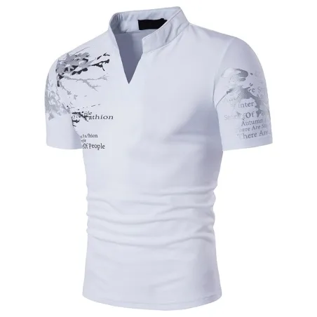T-shirt à la mode à manches courtes - col montant ouvert - manches imprimées