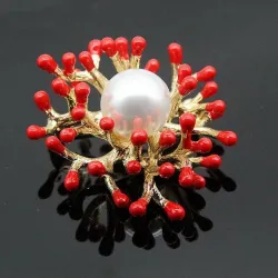 Corail rouge avec perle - broche en or