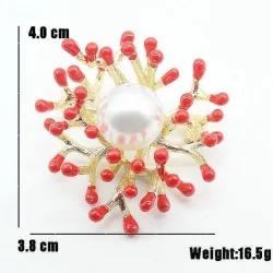 Corail rouge avec perle - broche en or