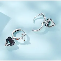 Round silver earrings - cross - black crystal dangle heart - 925 sterling silverEarrings