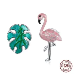 Boucles d'oreilles en argent 925 - flamant rose / feuille verte