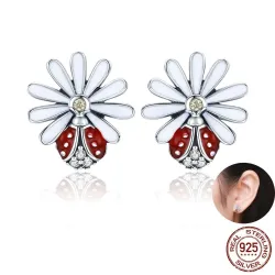 Boucles d'oreilles marguerite blanche / coccinelle cristal - argent 925