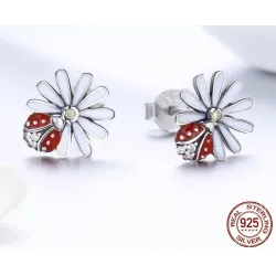 Boucles d'oreilles marguerite blanche / coccinelle cristal - argent 925