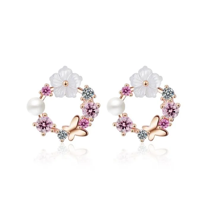 Boucles d'oreilles petites rondes - papillon - fleurs - perle - oxyde de zirconium - argent 925
