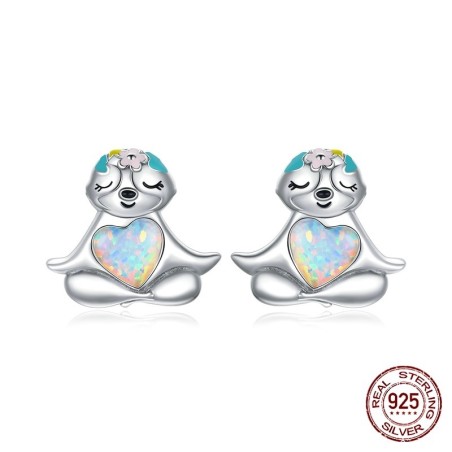 Paresseux avec coeur d'opale - Boucles d'oreilles en argent sterling 925