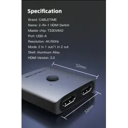 Splitter HDMI 4K - 60Hz - Adaptateur 1x2/2x1 - Convertisseur 2 en 1