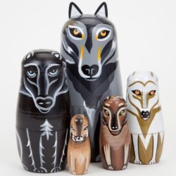 Loup en bois peint à la main - poupées gigognes - Matryoshka russe - 5 pièces