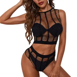 Ensemble lingerie sexy - top / culotte - résille évidée noire