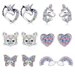 Boucles d'oreilles élégantes en argent - licorne - chat - papillon - arc-en-ciel - étoile
