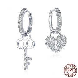 Boucles d'oreilles asymétriques en argent - coeur / clé - avec cristaux - argent sterling 925