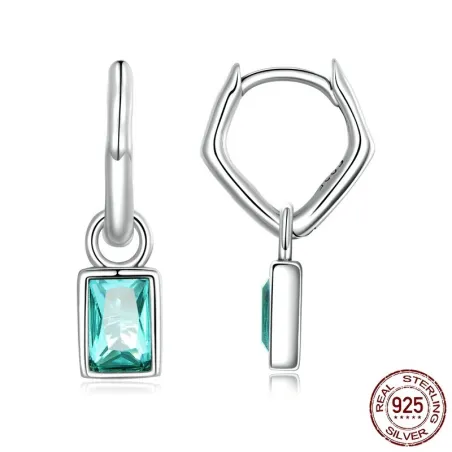 Boucles d'oreilles longues irrégulières - zircon vert carré - argent 925