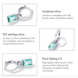Boucles d'oreilles longues irrégulières - zircon vert carré - argent 925