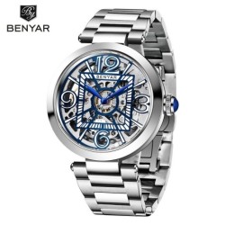 BENYAR - montre mécanique automatique - design évidé - acier inoxydable - bleu